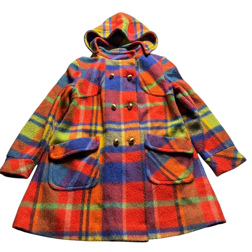 Vintage 70s Plaid Hooded Coat Double Breasted Orange Blue Union Made in USA